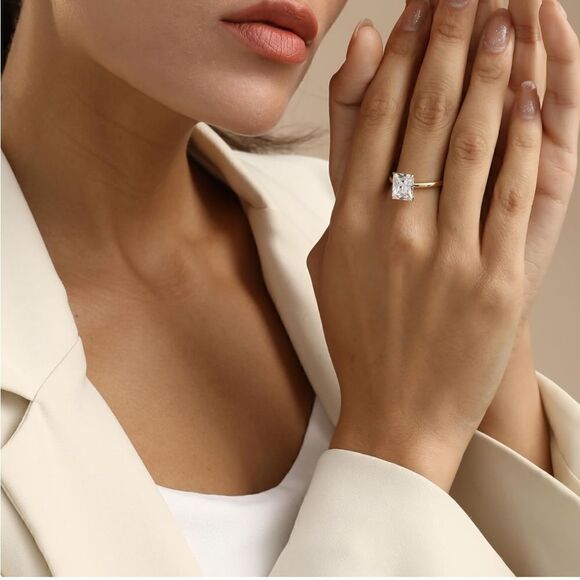 Solitaire Gold Rectangle Engagement Ring - Picture 2 of 5